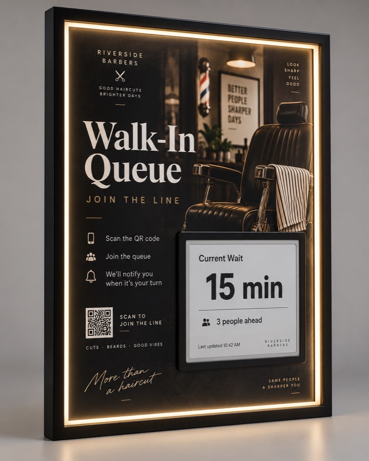 Framed backlit poster for Riverside Barbers with an embedded e-paper panel reading Current Wait 15 min, 3 people ahead, and a printed QR code.