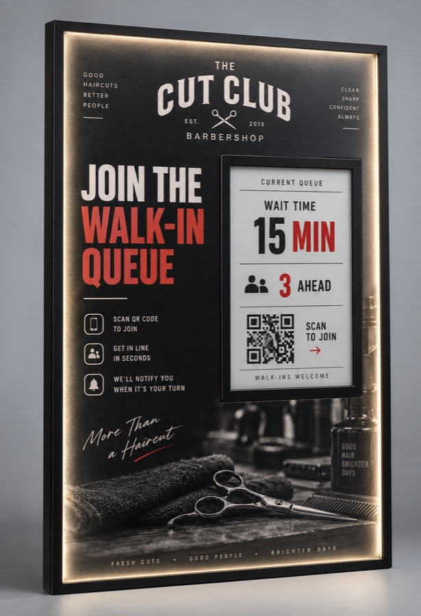 Framed backlit poster for The Cut Club with an embedded e-paper panel showing wait time, people ahead, and a scannable code.